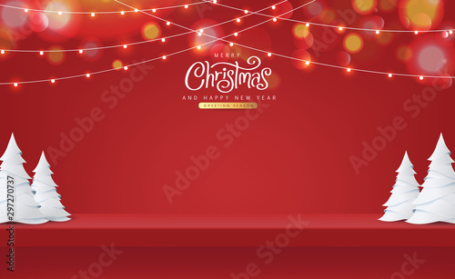 Christmas red shelf on the wall for display and Glowing lights. Merry Christmas text Calligraphic Lettering Vector illustration.