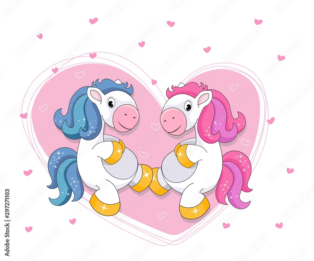 Two cute cartoon unicorns on a background of heart Two cute cartoon unicorns on a background of heart