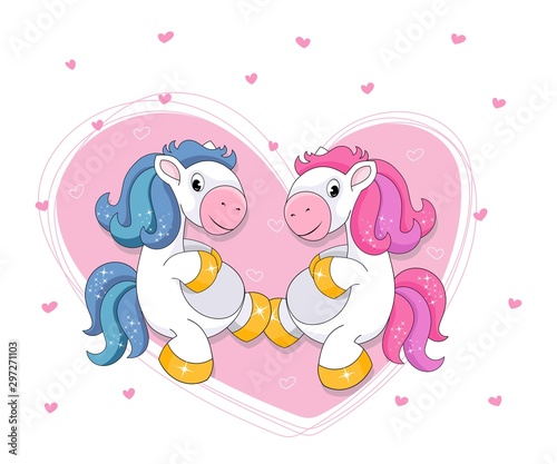 Two cute cartoon unicorns on a background of heart