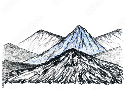 Black-white graphic drawing of charcoal pencil. Mountain landscape, hills and rocks, wild European nature for tourism design, travel, postcard.