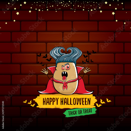 vector funny cartoon cute dracula potato with fangs and red cape isolated on brick wall background. My name is dracula potato vector concept halloween background. vampire monster funky character