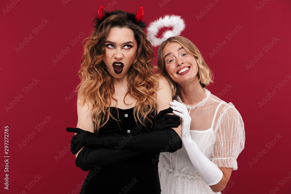 Woman demon near happy cheery positive angel Woman demon near happy cheery positive angel