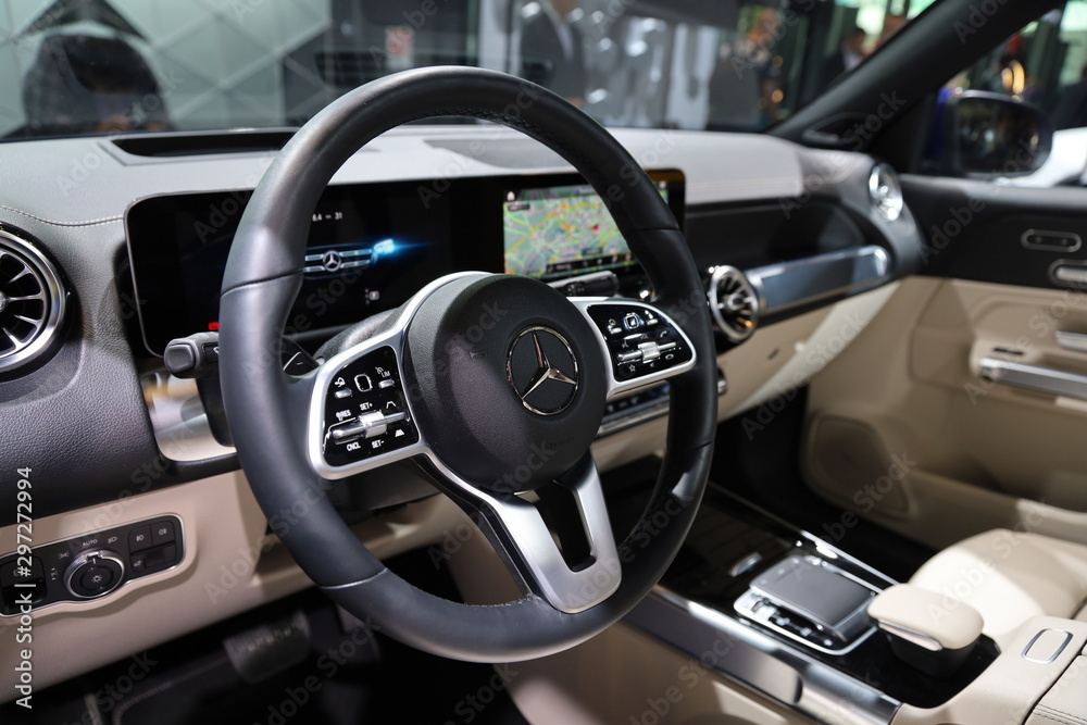 Mercedes Benz - GLB 220 d 4Matic - Interior detail view with controls and  steering wheel Stock Photo