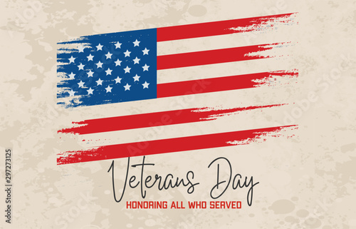 Veterans Day celebration poster with Typewritten text and US flag. Vector illustration 