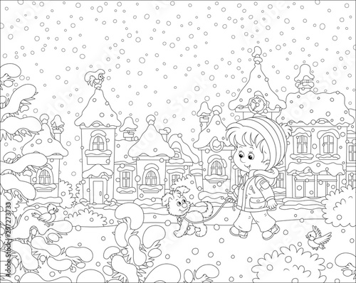 Little boy strolling with his cheerful pup through a snow-covered park of a small town on a snowy winter day, black and white vector illustration in a cartoon style for a coloring book