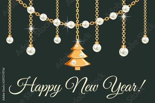 Happy New Year. Greeting card design with pears, chains, gold Christmas tree pendant.