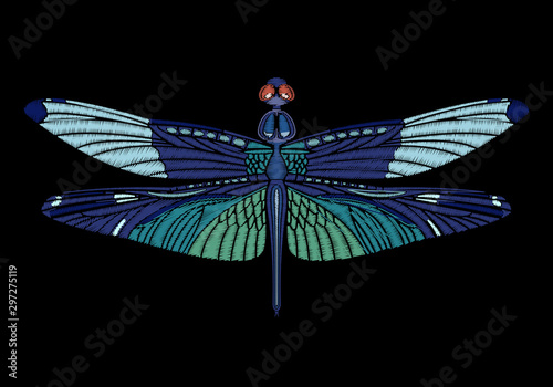 Cute Vector Embroidered dragonfly for fashion design.