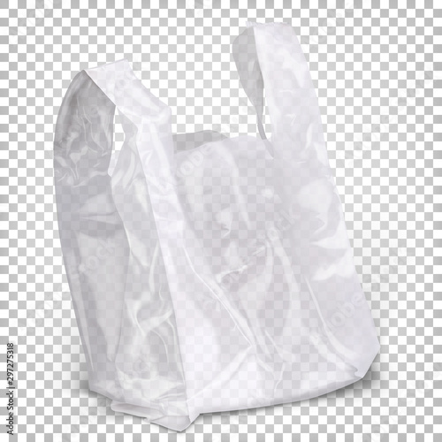 Plastic bag of white transparent color standing on the surface. Vector 3d realistic illustration isolated on white background.