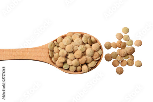 Pile lentil in wooden spoon isolated on white background. Top view.