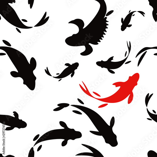 Seamless pattern with koi carp fish. Ink drawing. Vector illustration for web design or print.
