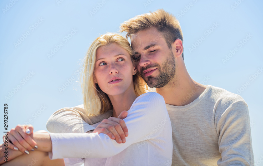 Obraz premium This is love. romantic relationship. couple in love. married in heaven. man and girl smiling. he make her happy. happy to be together. love date. understanding and support