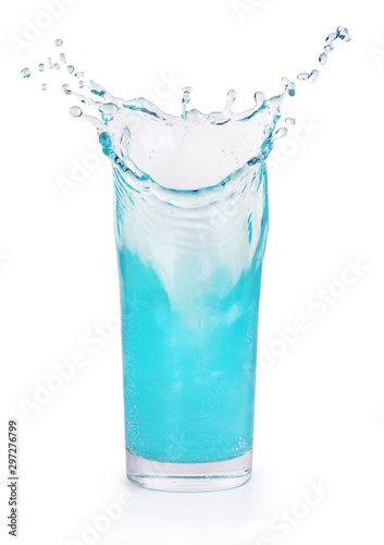 blue splash in a glass beaker on a white background