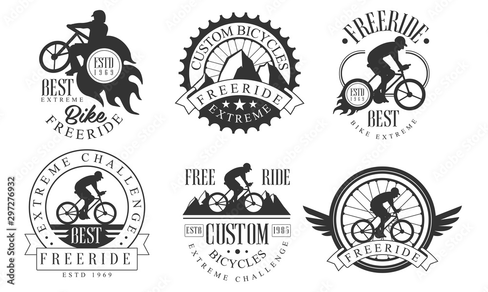 Obraz premium Extreme Freeride Retro Logo Templates Set, Bicycles Extreme Challenge Monochrome Badges Vector Illustration