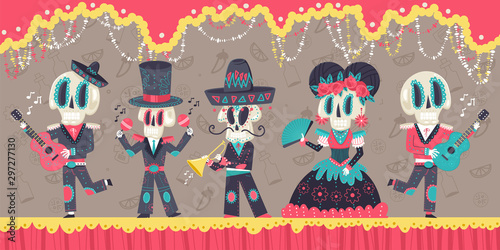 Day of the dead mexican holiday vector cartoon illustration with skeletons and music instruments.