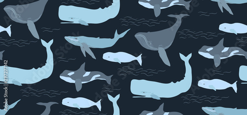 Whale hand drawn seamless pattern in flat style. Cartoon whale collection for textile, wallpaper, wrapping.