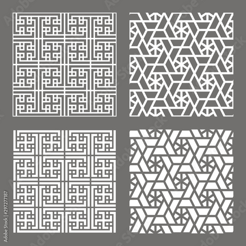 Set geometric asian abstract seamless vector pattern including traditional korean or chinese motive with typical lines and elements