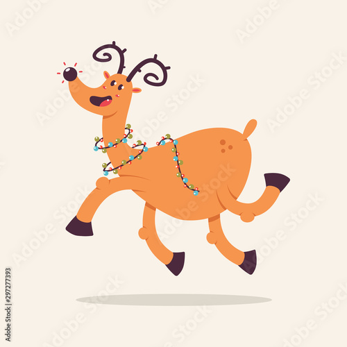 Funny Christmas reindeer tangled in a garland. Vector cartoon character isolated on background.