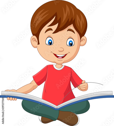 Happy boy sitting with opened a book
