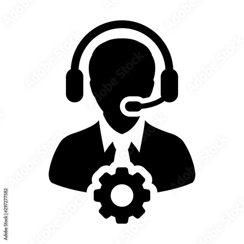 Call center icon vector male business support customer service person profile avatar with headphone and gear cogwheel for online assistant in a glyph pictogram illustration © TukTuk Design