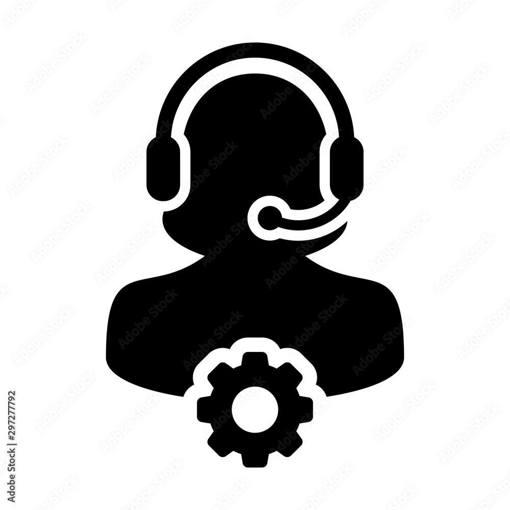 Business service icon vector female online customer support person profile avatar with headphone and gear cogwheel for online assistant in a glyph pictogram illustration Business service icon vector female online customer support person profile avatar with headphone and gear cogwheel for online assistant in a glyph pictogram illustration