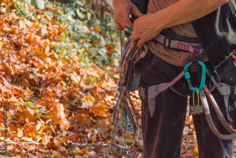 Close-up of thigh climber with equipment on a belt on autumn leaves background