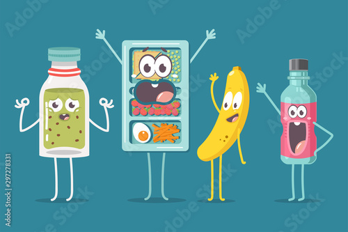 School lunch box, smoothie, water bottle and banana character vector cartoon illustration isolated on background.