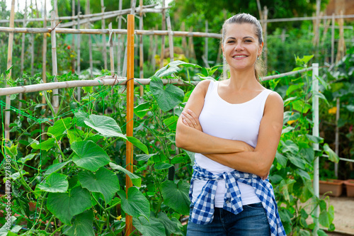 Positive female horticulturist  standing near cucumbers seedlings