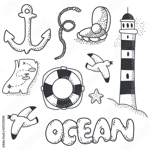 Ocean doodle sketch element vector set isolated on a white background.