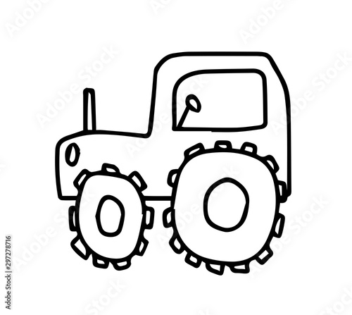 Vector Doodle childish tractor hand drawn on an isolated white background. Sketch  black line icon. Design for cards, coloring, textiles, packaging paper, stickers, web and mobile.