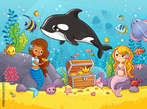 Cute orca whale swims. Vector illustration on the marine theme