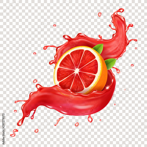 Juicy grapefruit in realistic red juice spiral splash