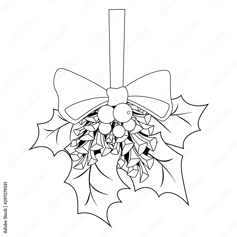 Coloring book page for adults and children. Christmas Holly berries and ...