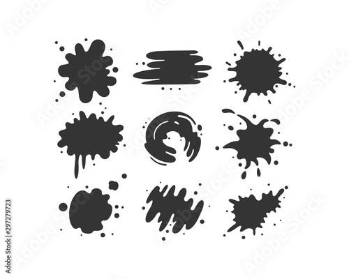 Black paint blots collection of vector icons. Cartoon paint splatters and ink splashes.