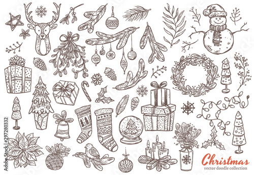 Merry Christmas and Happy New Year linear doodl set with vector sketch holiday elements, icons and symbol. Festive collection of illustrations