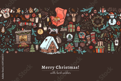 Merry Christmas and Happy New Year seamless background pattern with linear doodle symbols, elemens and icons. Festive holiday vector greeting card or banner with border on chalkboard