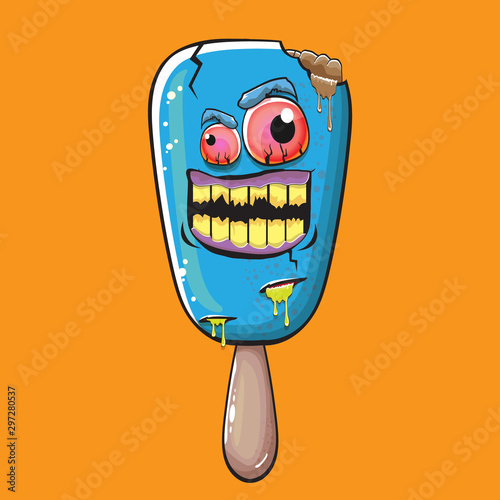 Vector Zombie ice cream with brain and red eyes isolated on orange background. Halloween blue monster ice cream zombie character.