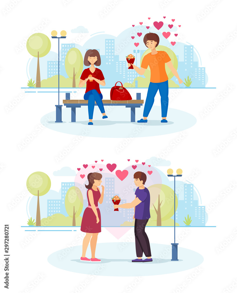 Valentine's day poster with in love couple. Man giving to woman a bouquet of flowers on a romantic date. Vector cartoon illustration