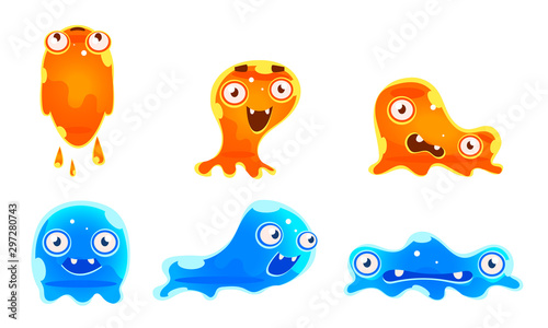 Cute Jelly Monsters Set, Funny Bright Slimy Cartoon Character with Various Emotions Vector Illustration