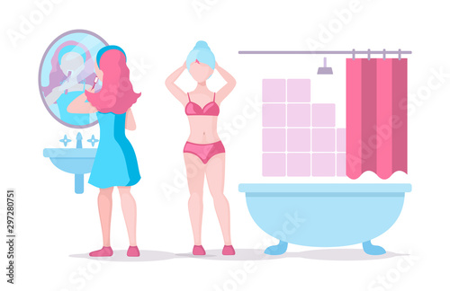 Young smiling woman brushing teeth with toothbrush in bathroom. Girls after a shower bathroom wear towel on the head. Everyday personal care, hygienic procedure, woman face skin care and body vector