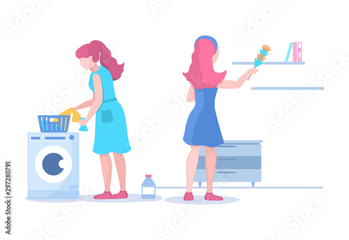 Home cleaning dirty living room and bathroom. Woman cleaning service with washing machine and cleaning shelves from dust. Household, housekeeping cartoon vector illustration isolated