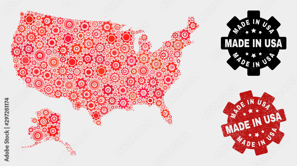 Mosaic gear USA with Alaska map and textured stamp. Vector geographic abstraction in red colors. Mosaic of USA with Alaska map combined of scattered gear elements. Red colored model for service,