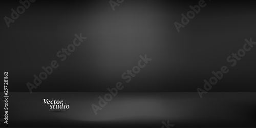 Modern banner with black empty studio on black background for concept design. Abstract business template on soft dark background.