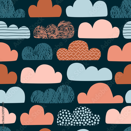 Clouds hand drawn color vector seamless pattern. Autumn colours doodle eddies on white background. Cartoon zigzag, line, scribble and circle spot clouds flat illustration. Textile, wallpaper design