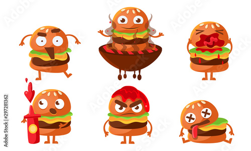 Funny Burgers Set, Fast Food Cartoon Character with Various Emotions Vector Illustration
