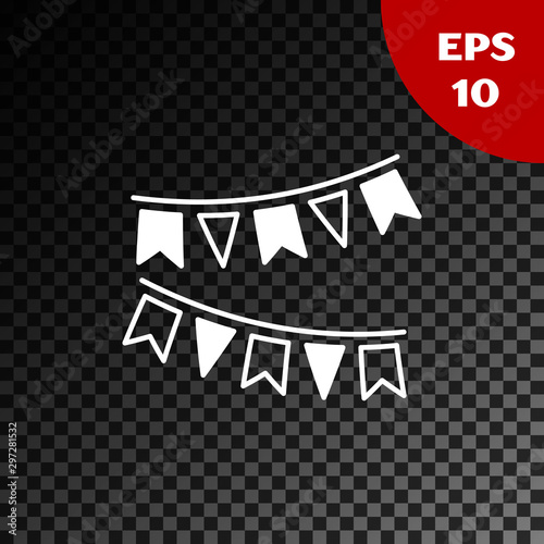 White Carnival garland with flags icon isolated on transparent dark background. Party pennants for birthday celebration, festival and fair decoration. Vector Illustration