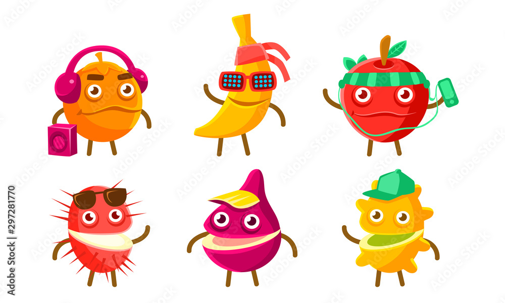 Funny Exotic Fruit Characters Set, Orange, Banana, Apple, Kiwano, Lychee Different Activities Vector Illustration