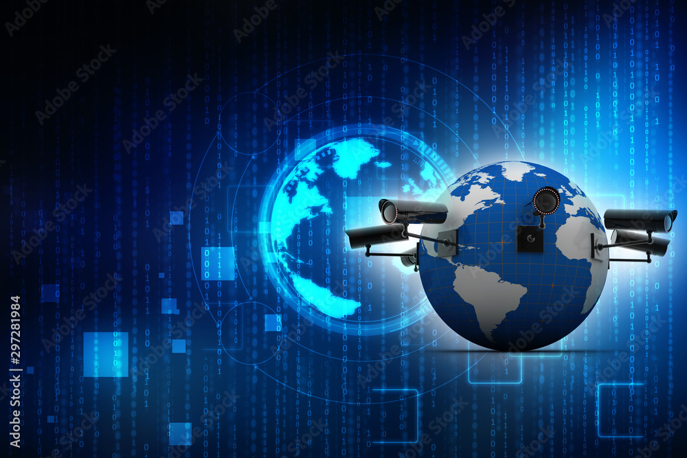 3d rendering Surveillance CCTV Security Camera connected globe 3d rendering Surveillance CCTV Security Camera connected globe