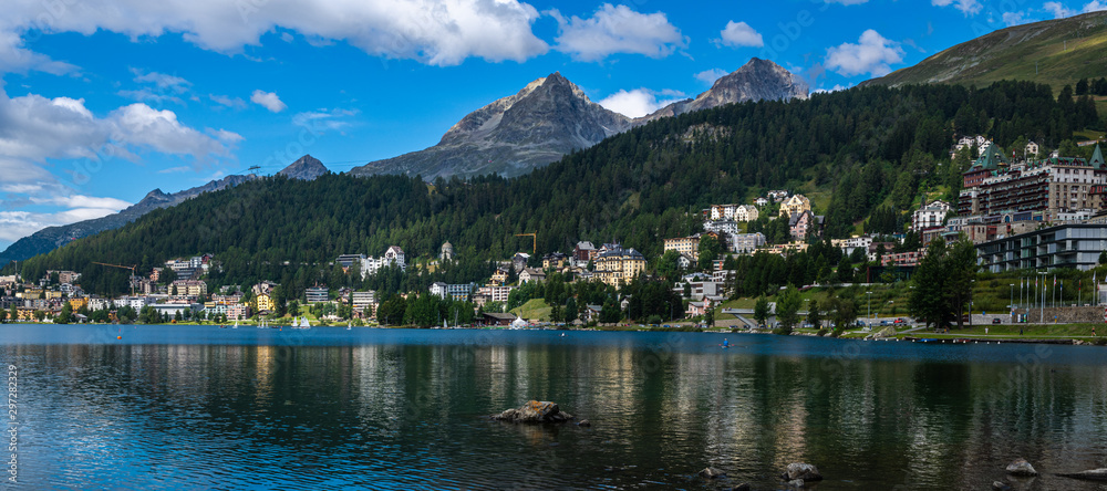 panoramic view over the lake at St. Moritz, Switzerland 