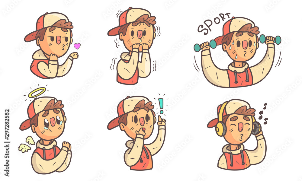 Boy Wearing Cap Showing Different Emotions Set, Funny Male Cartoon Character with Various Face Expressions Vector Illustration Boy Wearing Cap Showing Different Emotions Set, Funny Male Cartoon Character with Various Face Expressions Vector Illustration