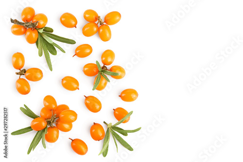 Sea buckthorn. Fresh ripe berry with leaves isolated on white background with copy space for your text. Top view. Flat lay pattern photo